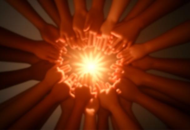 Image symbolizing support and community, showing hands reaching towards a central point.